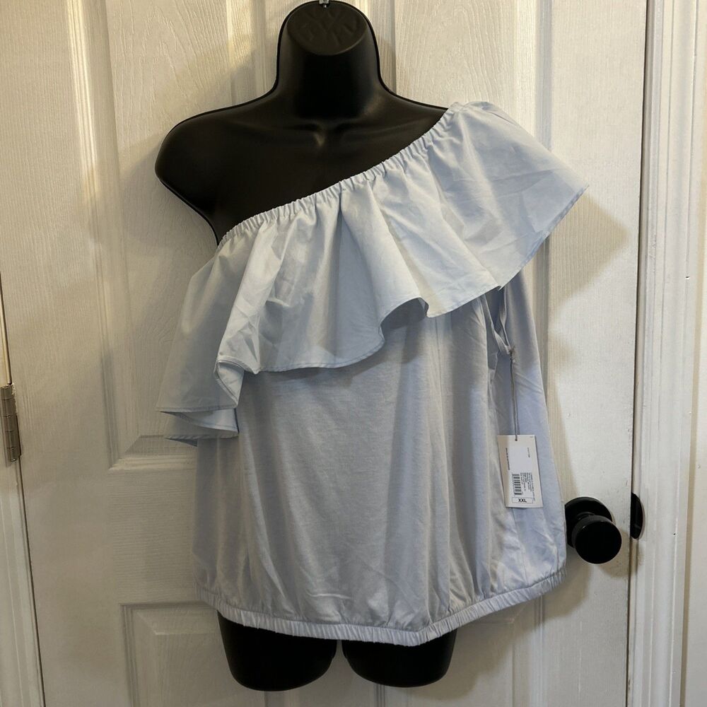 NWT A New Day Women's Ruffle One Shoulder Shirt Blouse, Size 2XL Ballad Blue
